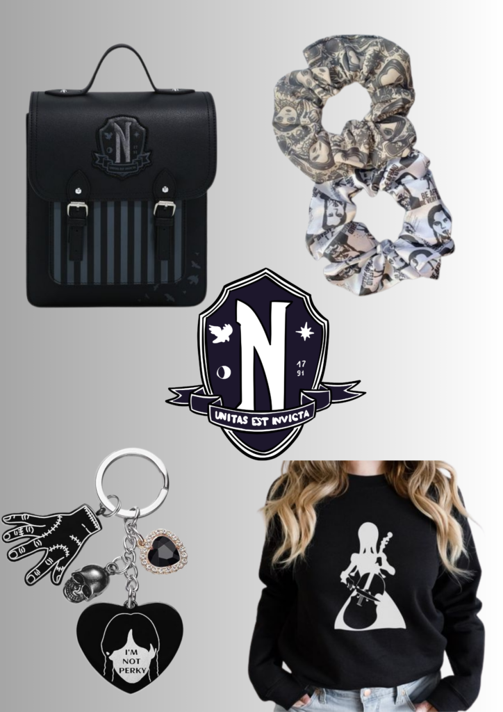 Wednesday Nevermore Academy mini backpack
scrunchies
keychain
Wednesday Addams cello sweatshirt