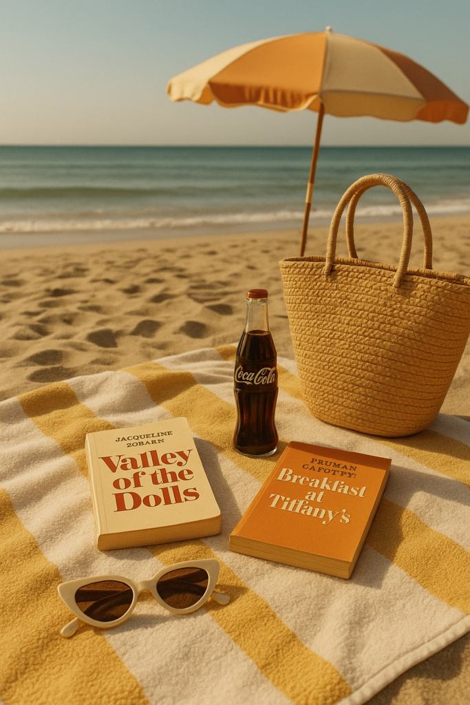 Retro summer reading list with beach scene and vintage novels