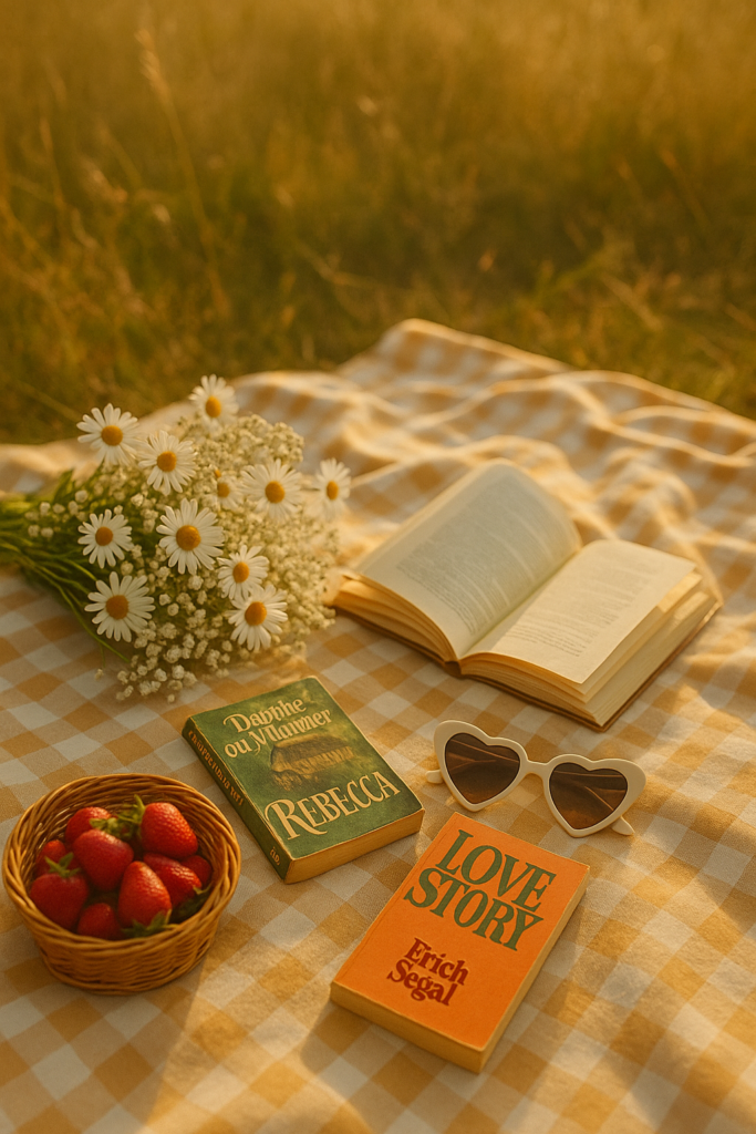 Romantic retro picnic reading setup